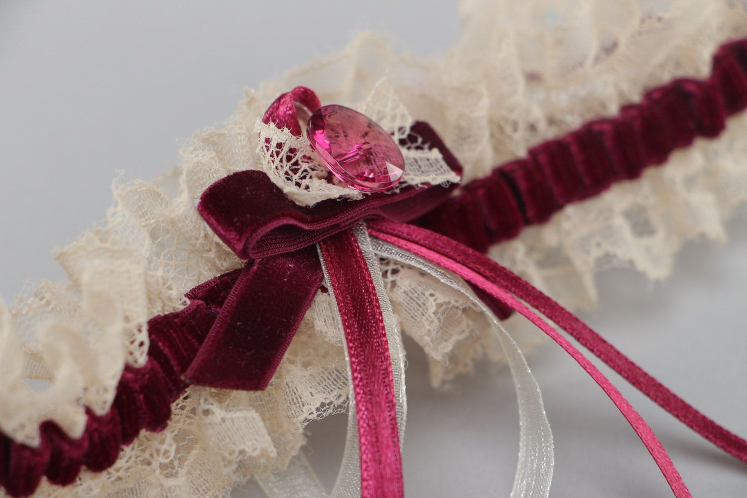 Handmade wedding bridal garter with lace and velor bow of dark violet color photo 3