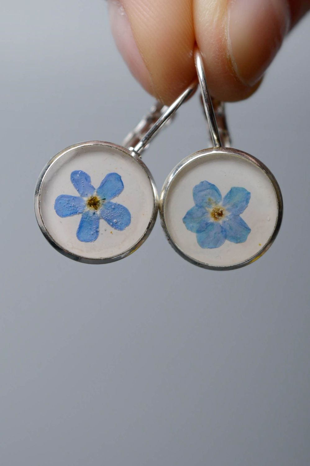Earrings with natural forget-me-not flowers coated with epoxy resin photo 4