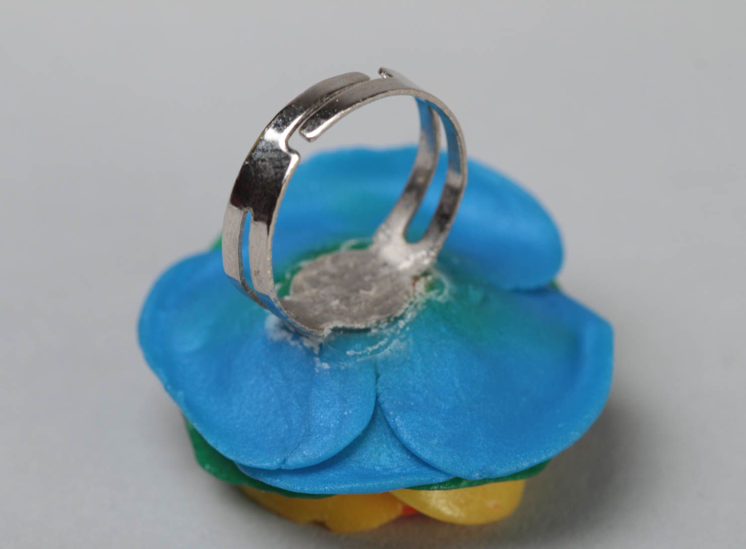 Handmade seal ring on metal basis with polymer clay flower of rainbow coloring photo 4