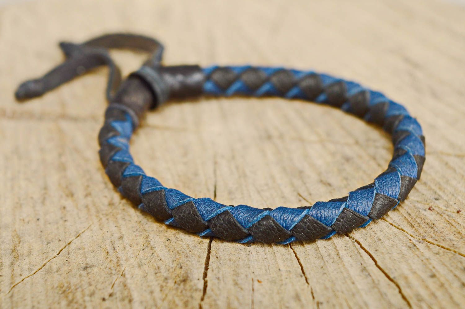 Bracelet tressé en cuir naturel bleu et noir fait main bijou pour homme photo 1