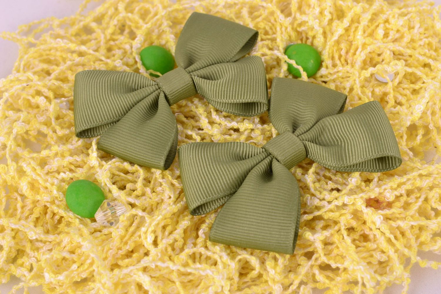 Green handmade beautiful stylish bow ribbons for scrunchy or hair pin set of 2 pieces photo 1