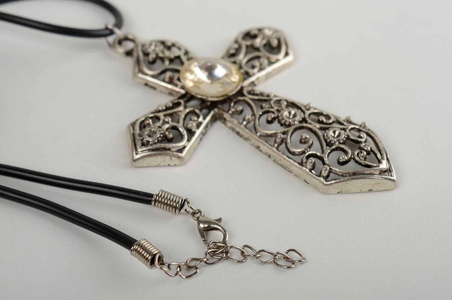 Handmade pectoral cross pendant metal cross with a rhinestone unusual women gift photo 4