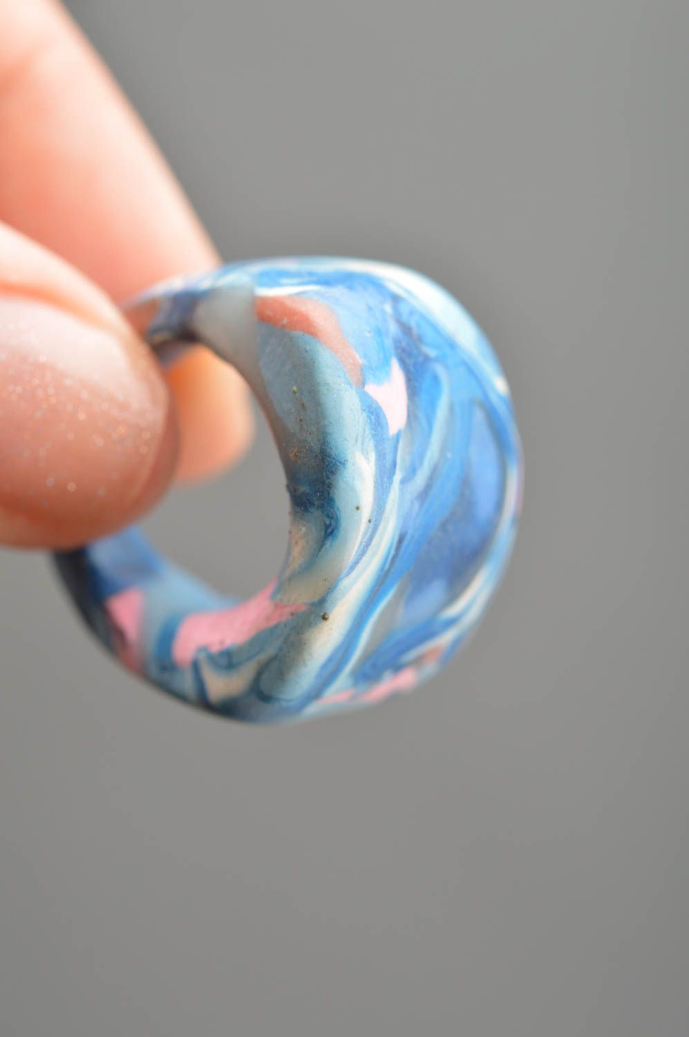 Designer handmade polymer clay ring in blue tones decorative summer accessory photo 2