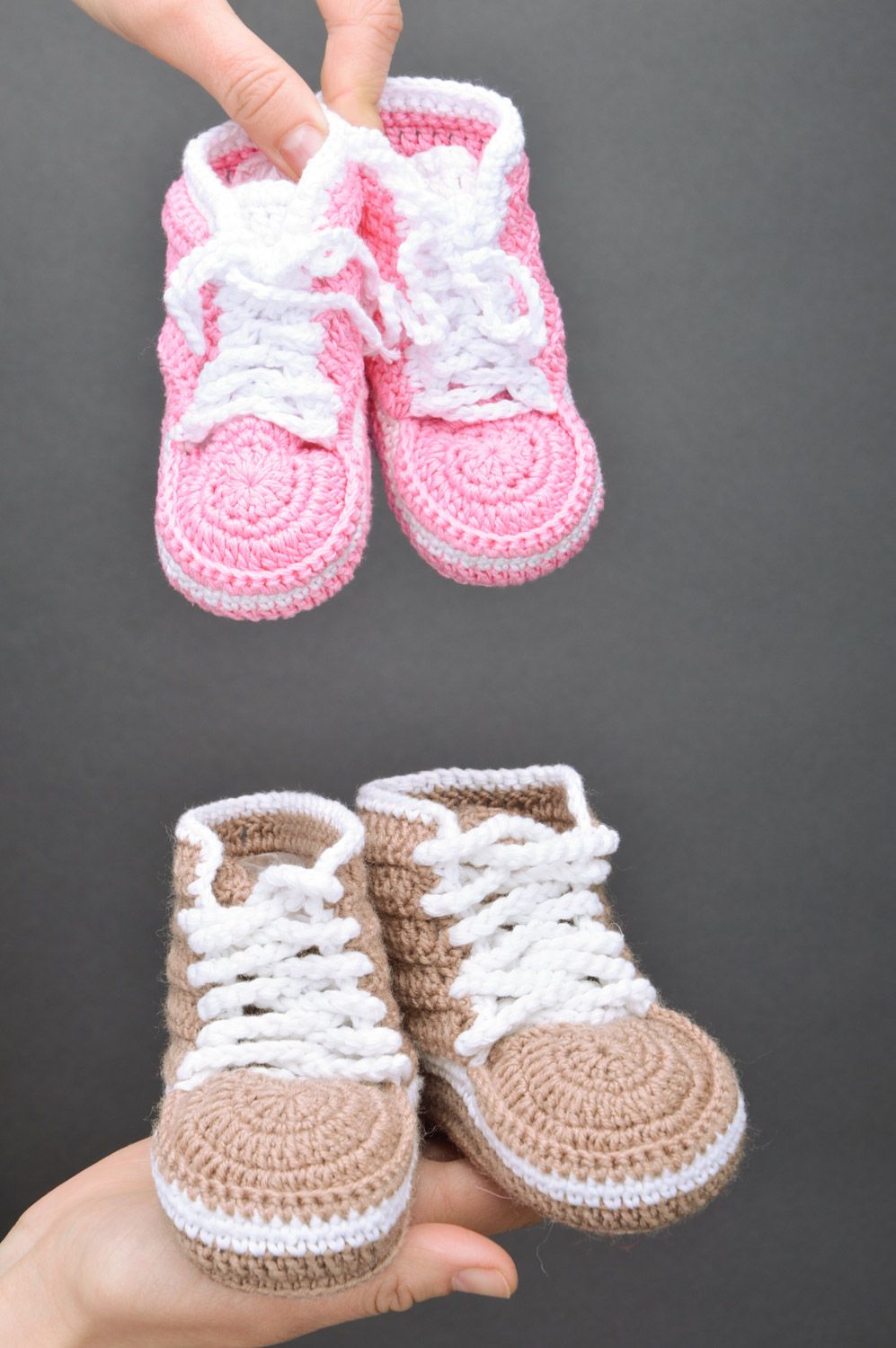 Set of handmade crocheted baby booties made of acrylic yarns brown and pink 2 piece photo 3