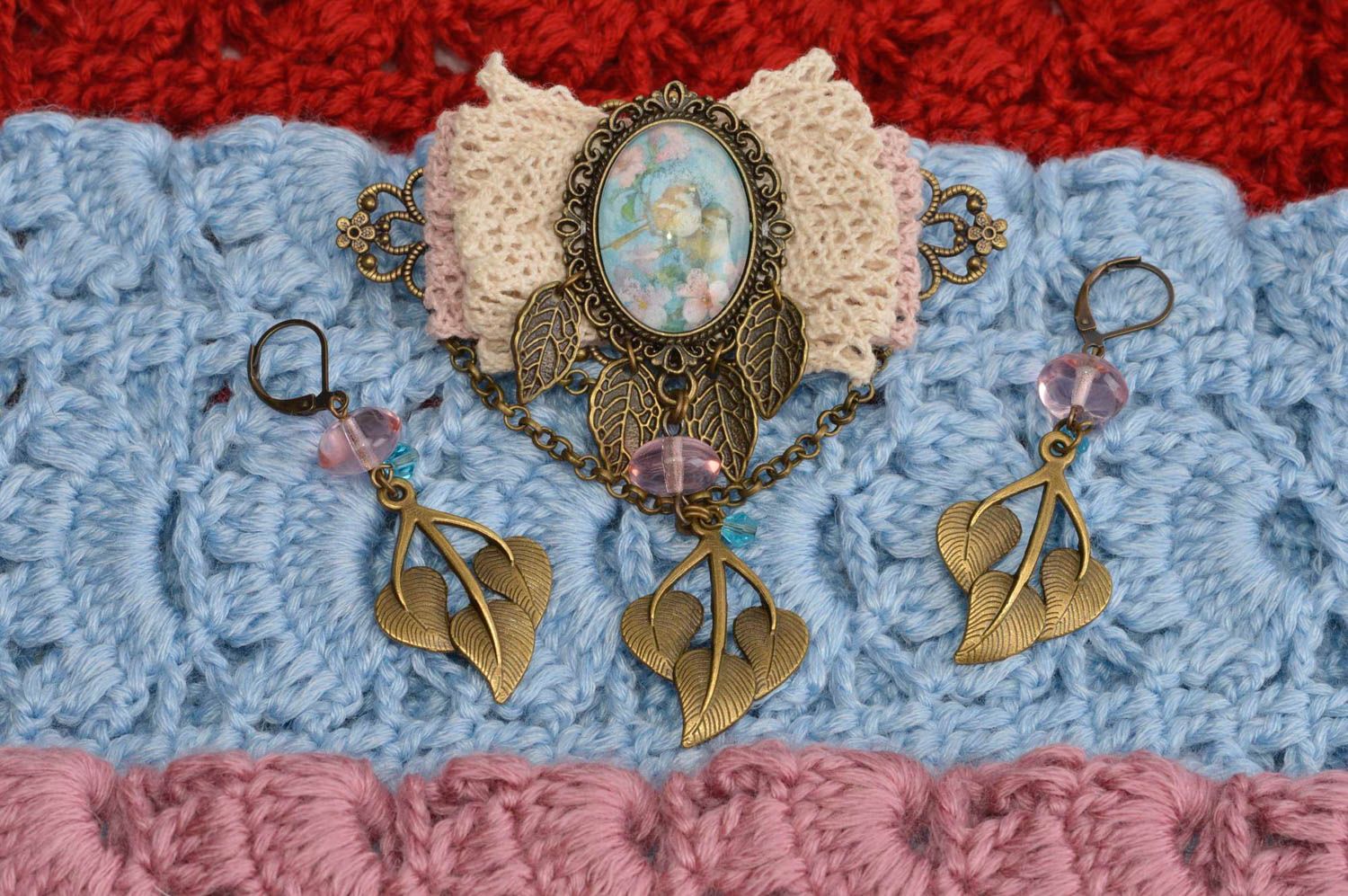 Handmade Damen Accessoires Schmuck Set Schmuck Ohrringe Brosche aus Metall foto 1
