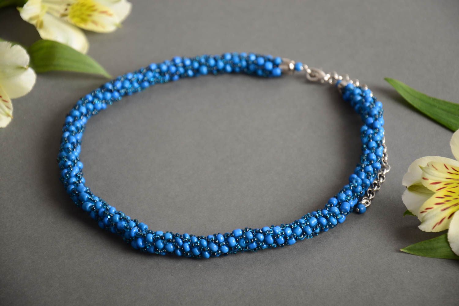 Handmade thin long blue necklace crocheted of beads of laconic design for women photo 1