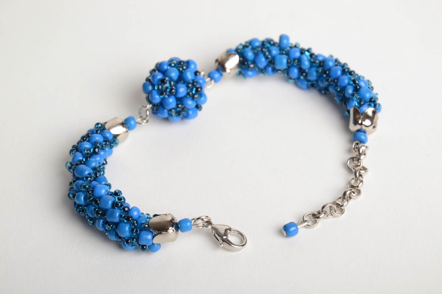 Designer handmade women's wrist laconic bracelet woven of blue Czech beads photo 5
