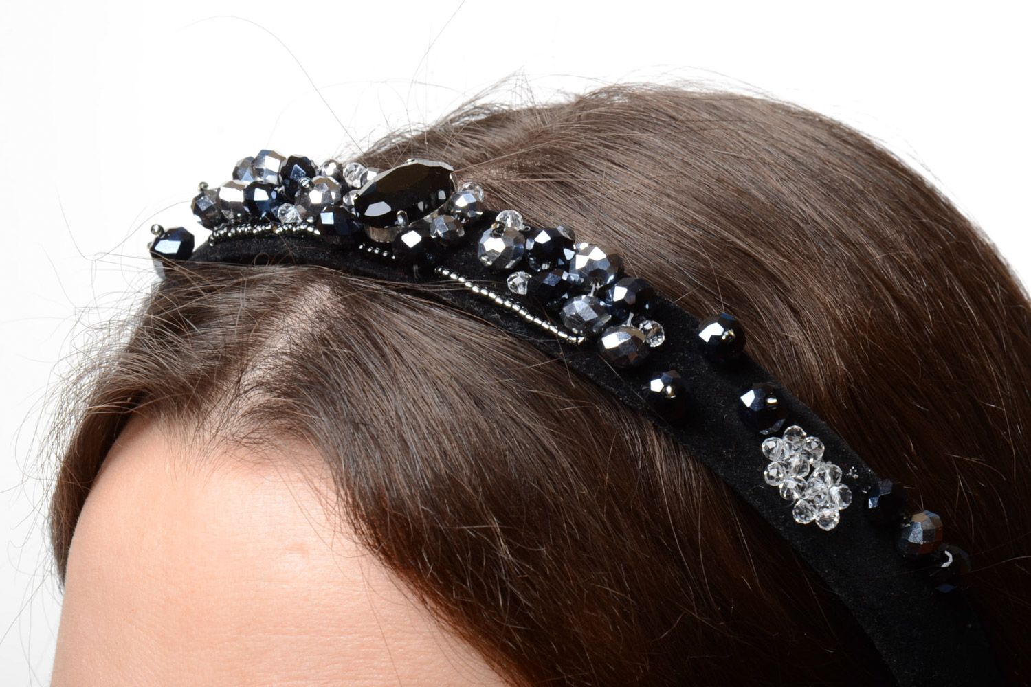 Handmade black evening velvet headband with beads photo 1