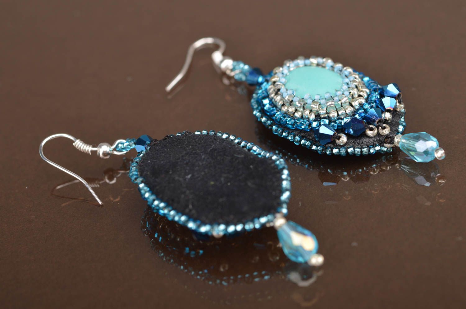 Long handmade festive blue earrings embroidered with beads with turquoise photo 4