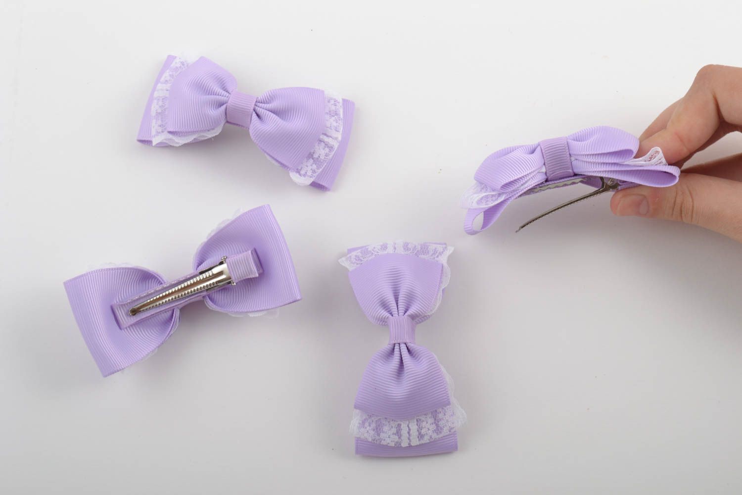 Заколки для волос в виде бантиков фиолетового цвета ручной работы 4 штуки набор фото 5