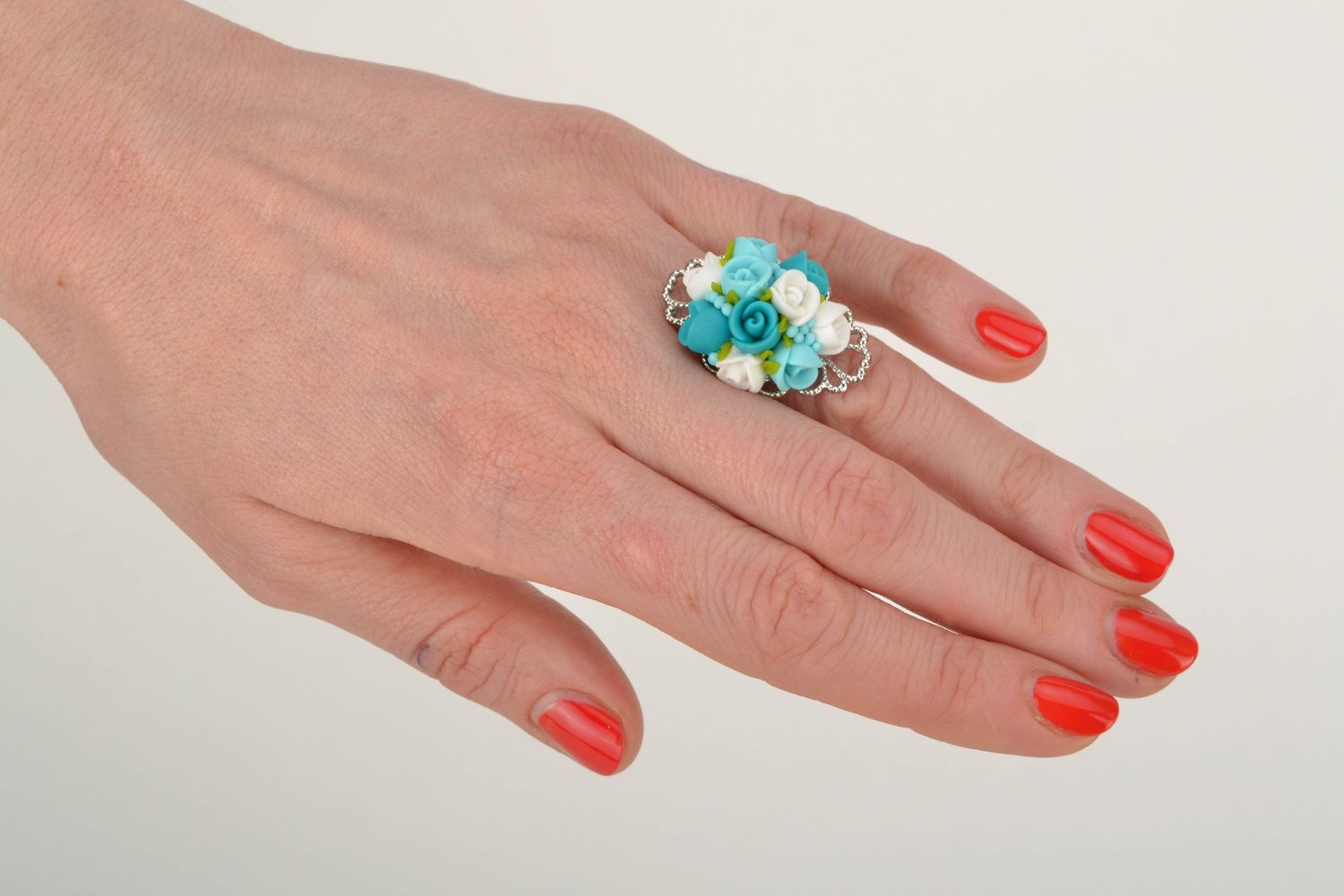 Polymer clay ring with turquoise roses photo 2