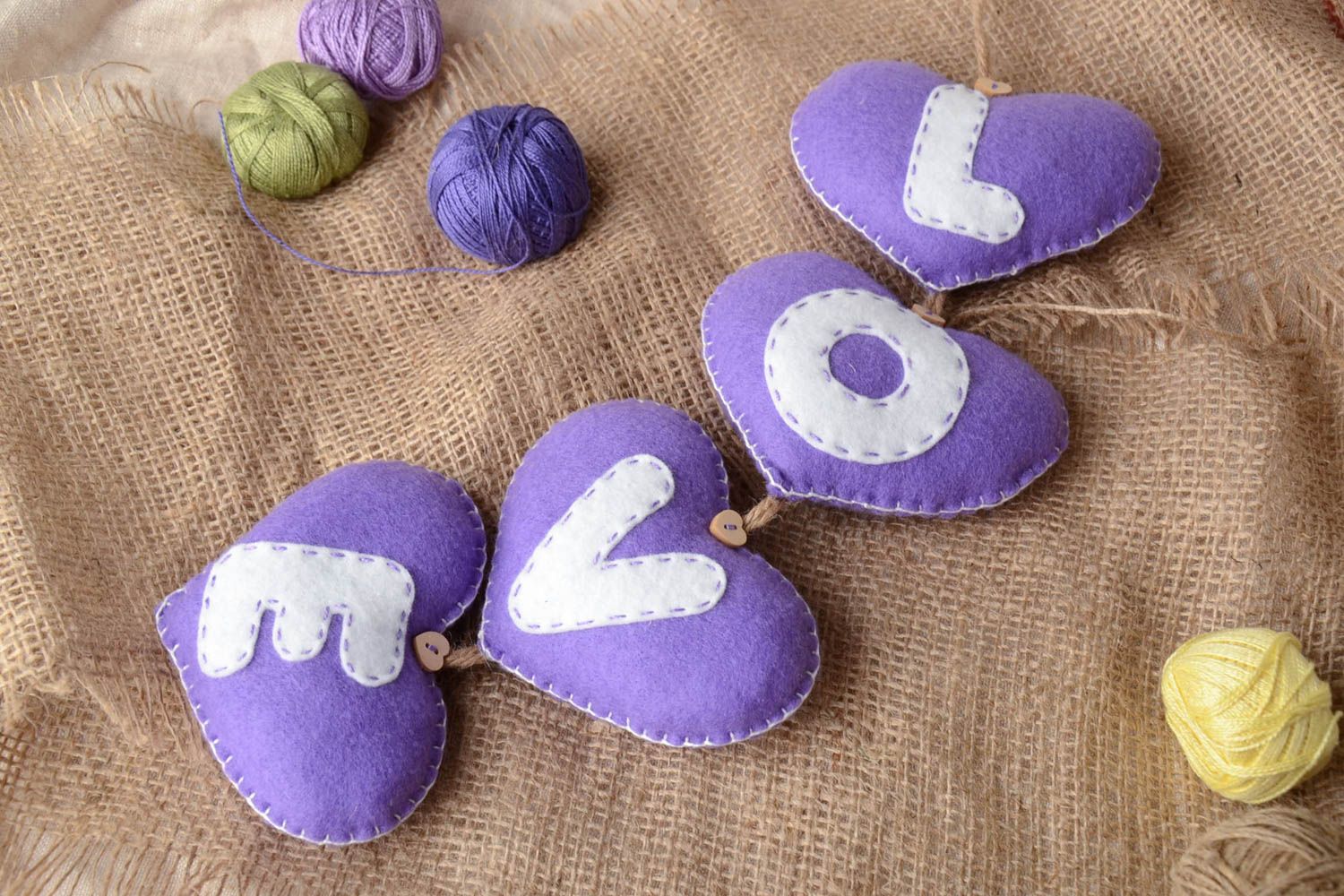 Handmade designer interior garland with soft violet felt fabric hearts Love photo 1