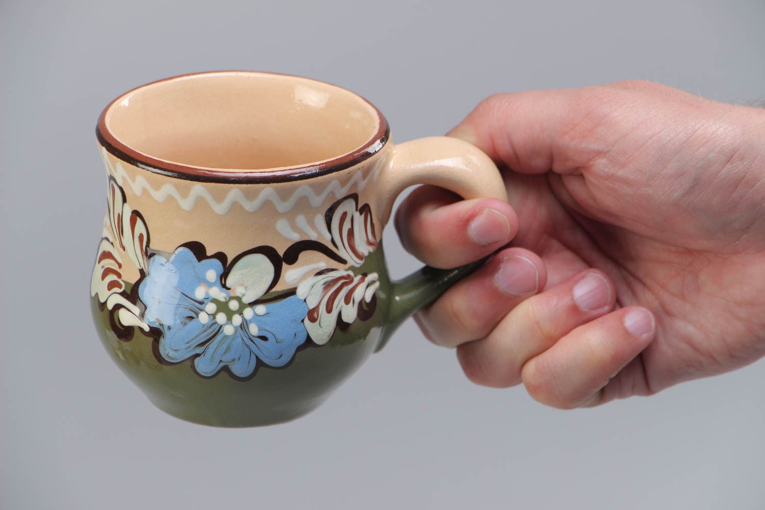 Clay glazed decorative coffee mug with blue flowers with handle 6 oz photo 5