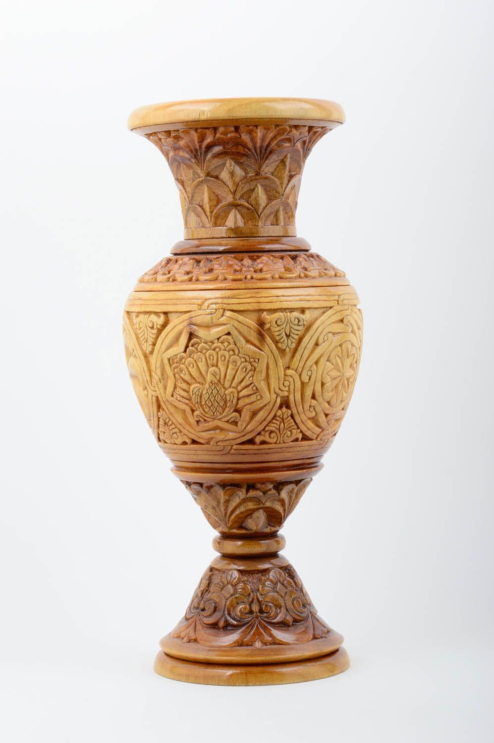 Vase bois verni fait main Déco maison sculptée Cadeau original ornementé photo 1