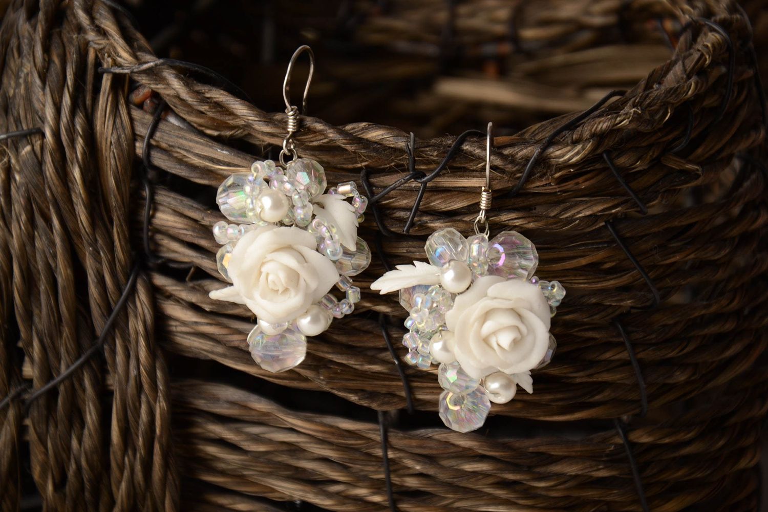 Polymer clay flower earrings with beads White Roses photo 1