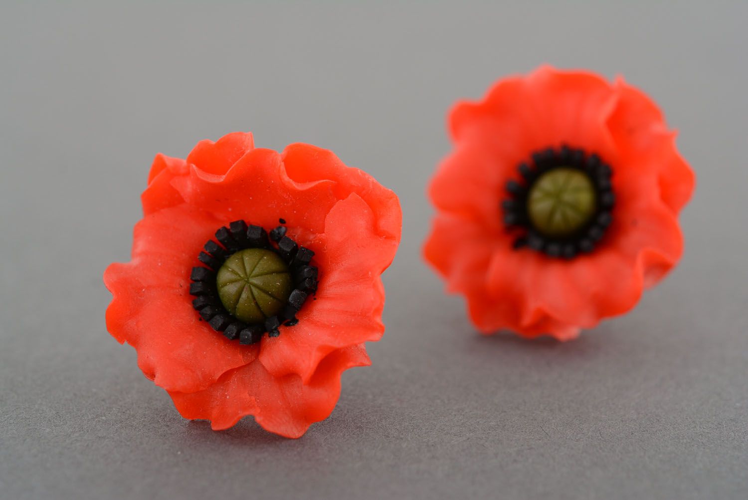 Stud earrings made of polymer clay Poppies photo 3