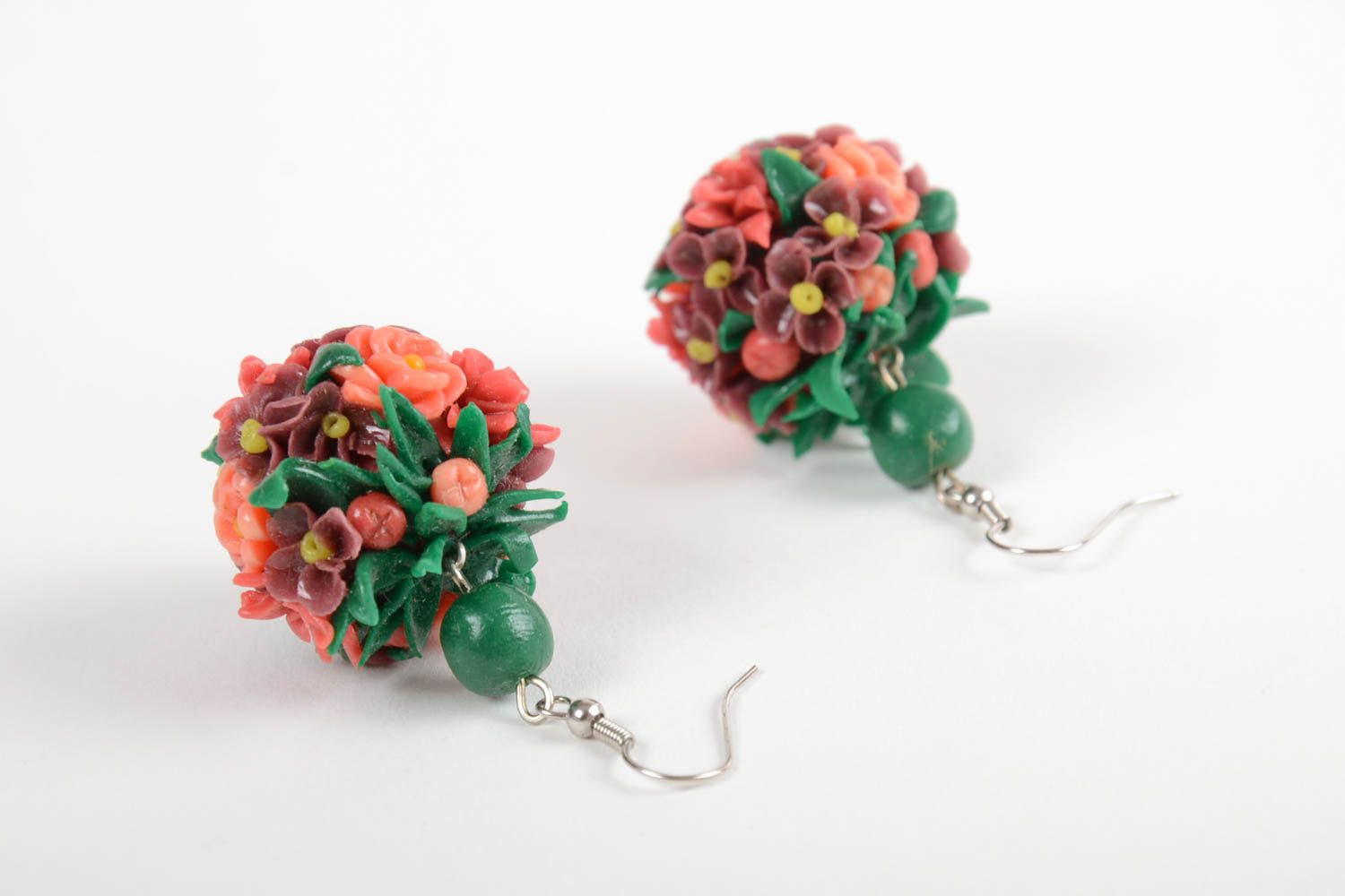 Handmade festive earrings flower ball accessories earrings made of polymer clay photo 4