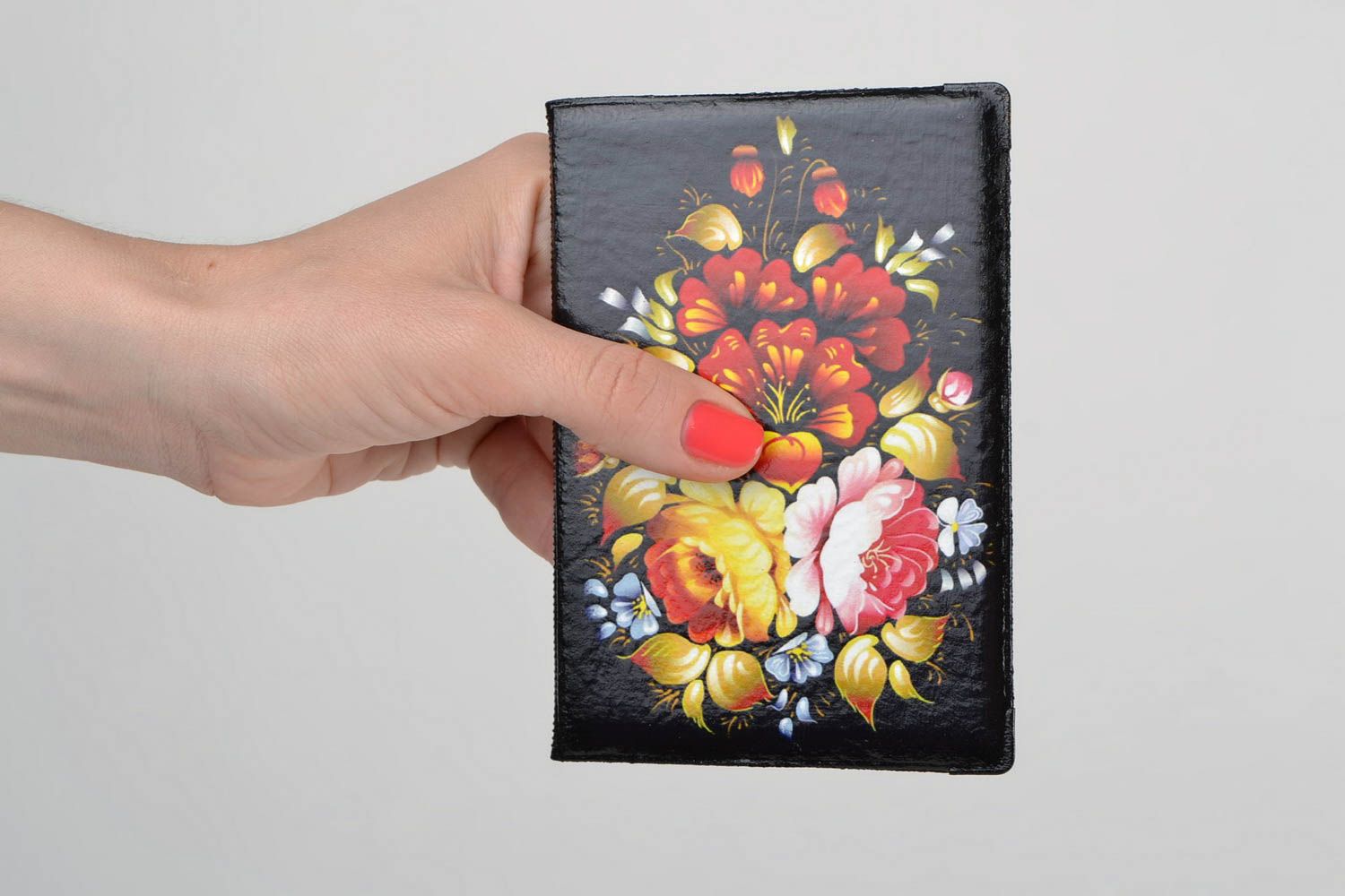 Handmade black faux leather passport cover with decoupage image bright flowers photo 2