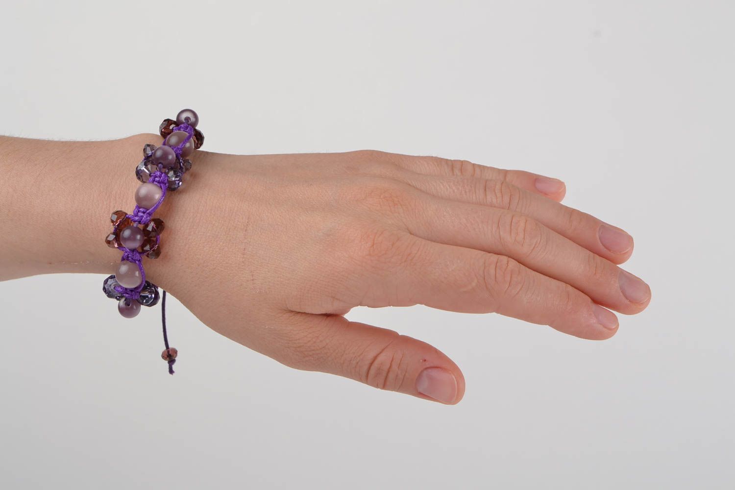 Handmade macrame woven violet cord wrist bracelet with Czech glass beads photo 2