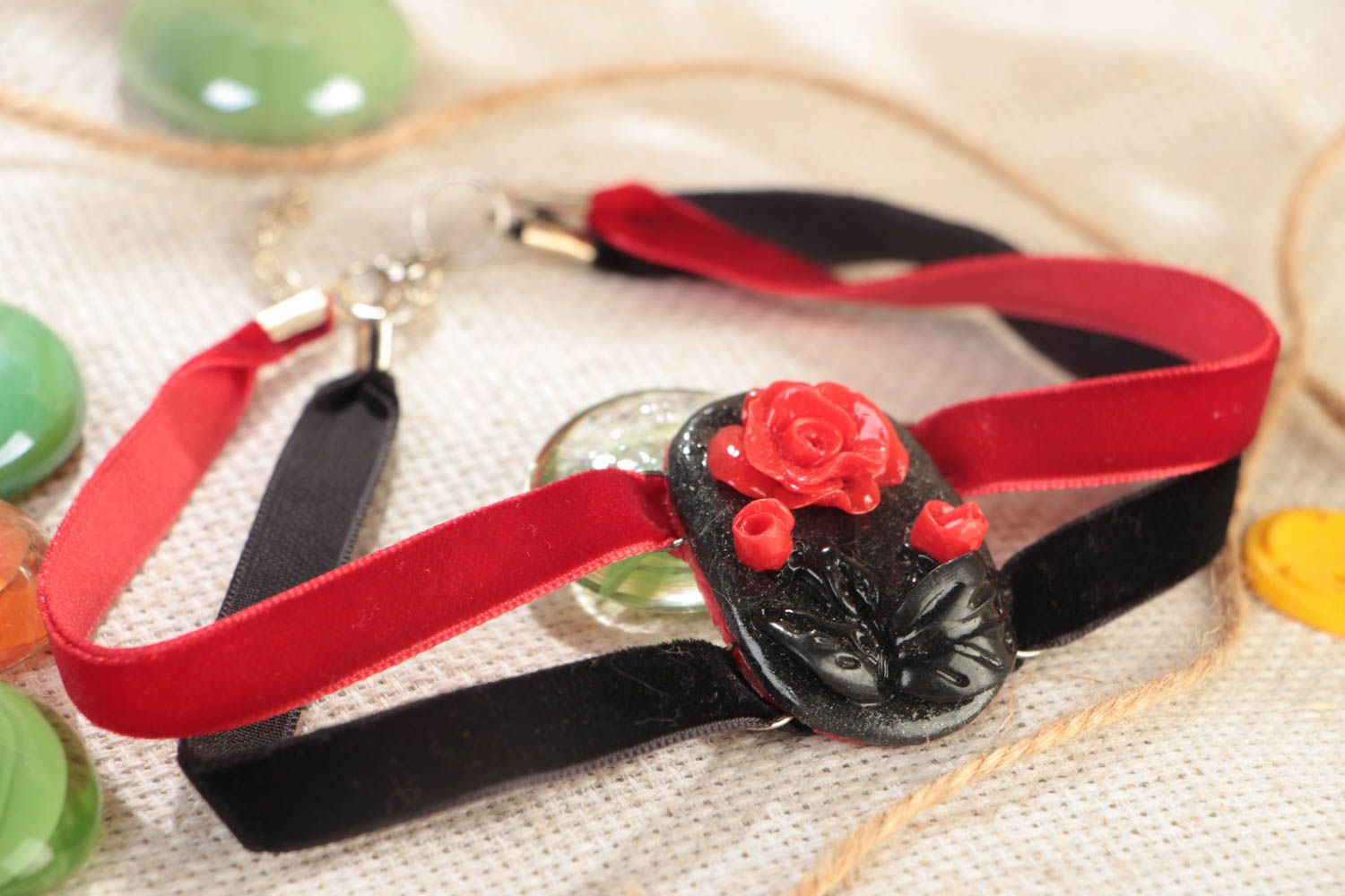 Handmade black and red collar necklace with ribbons and polymer clay element  photo 1