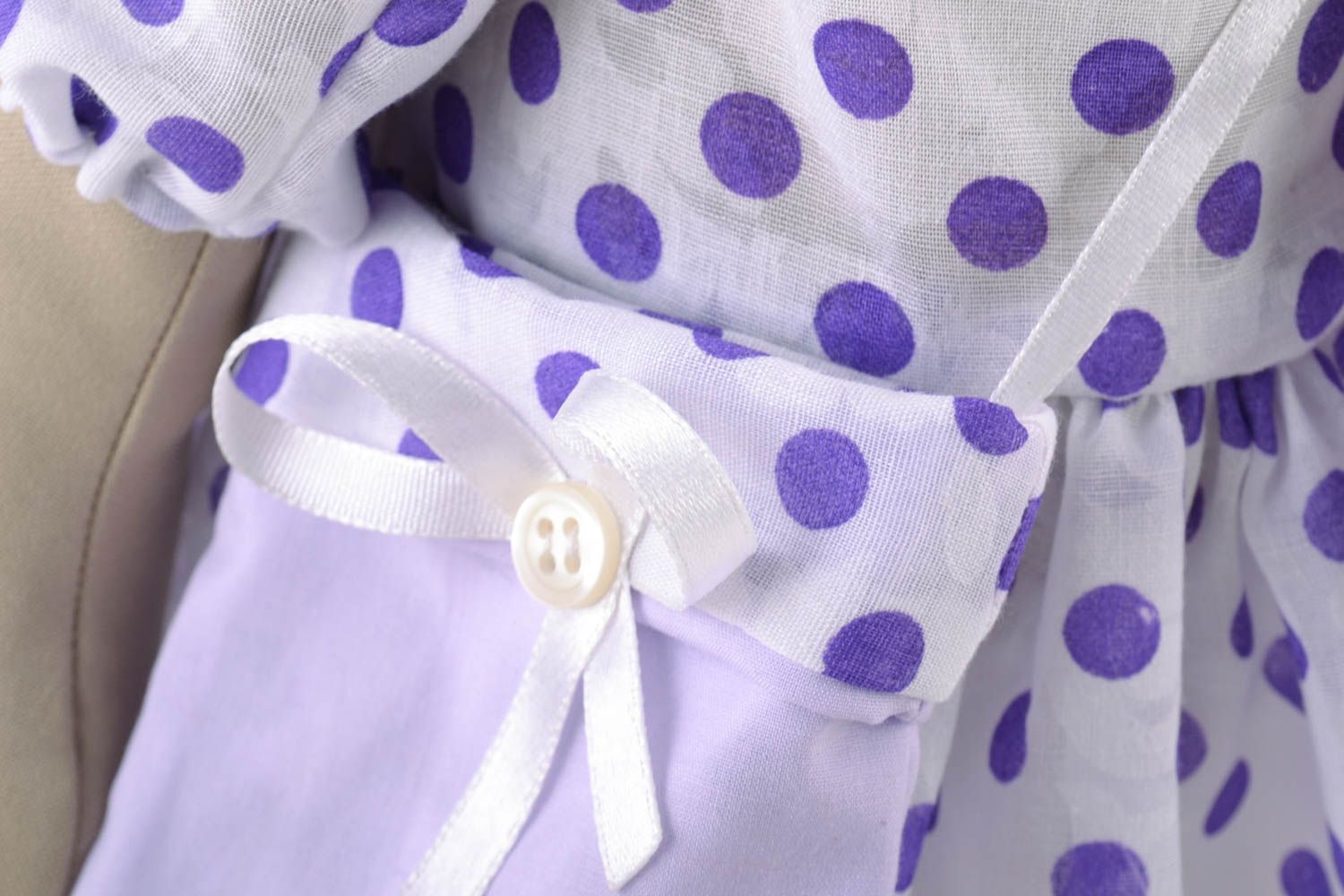 Handmade natural fabric soft toy rabbit in violet polka dot dress with bag  photo 3