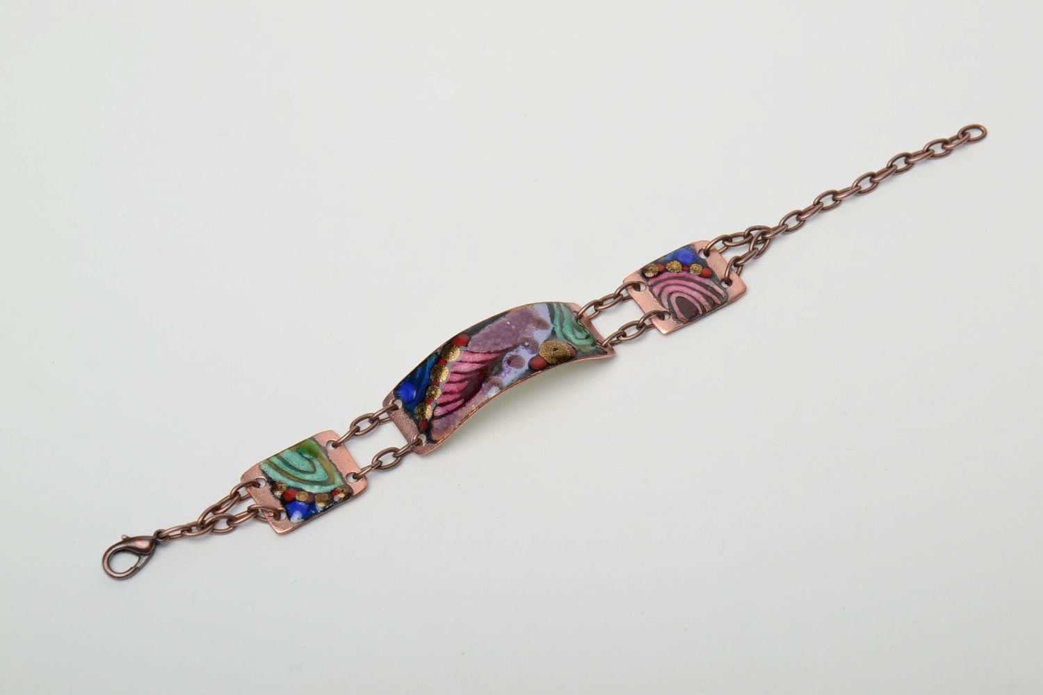 Copper bracelet with colorful enamel and chain photo 3
