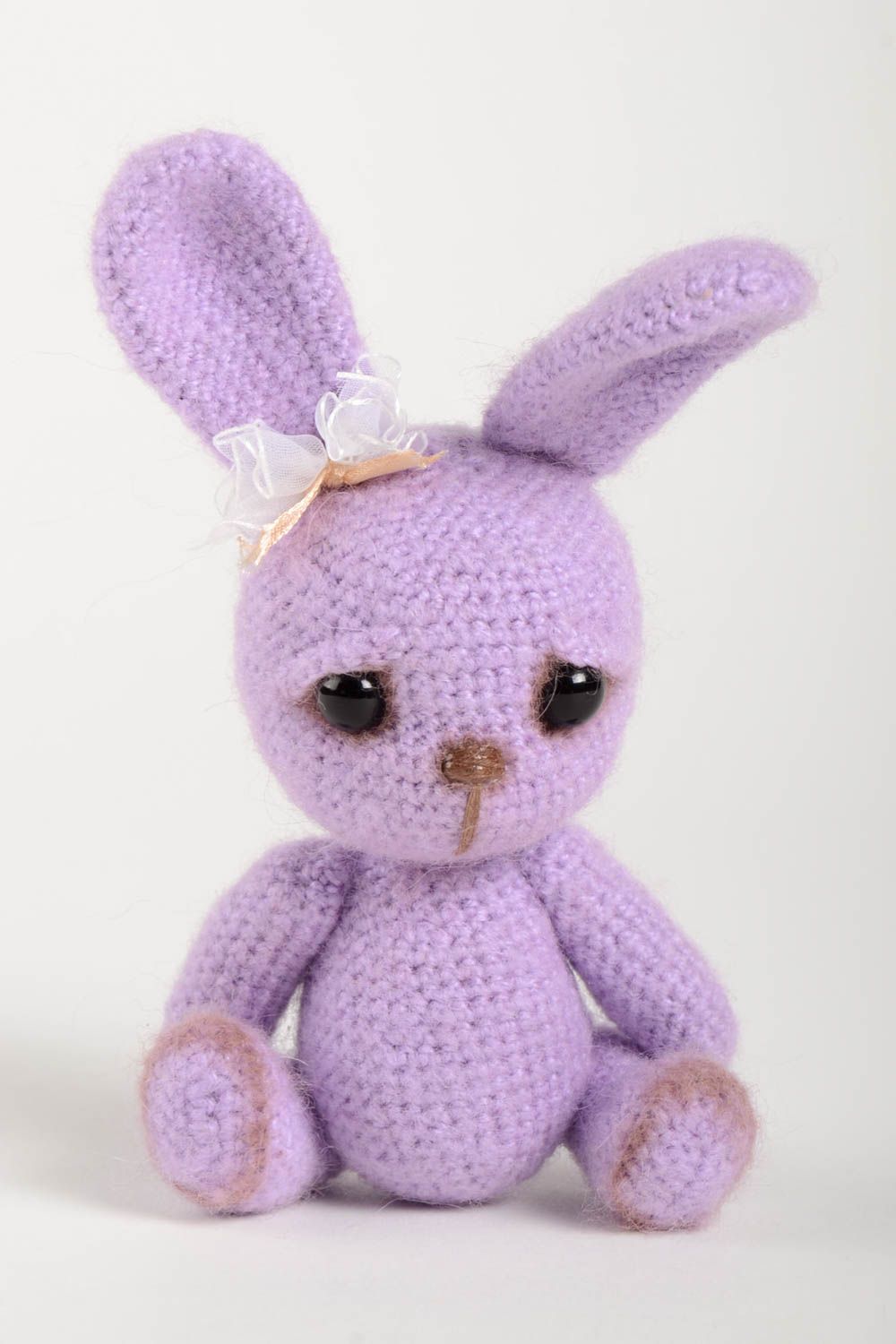 Knitted stuffed violet rabbit toy for baby girl with long ears. 6,6 inches tall photo 2