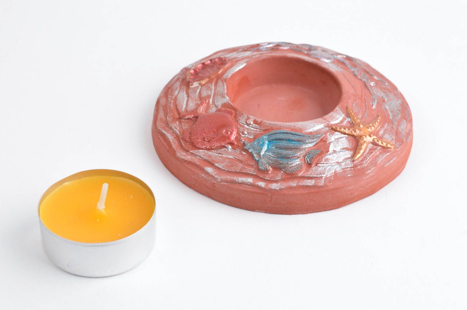 Terracotta color hand-painted flat one tea light candle holder for home décor 0,79 inches photo 2