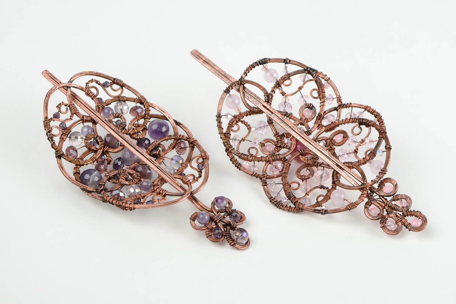 Handmade Kupfer Schmuck 2 Haarspangen mit Perlen Accessoire für Haare blau rot foto 5