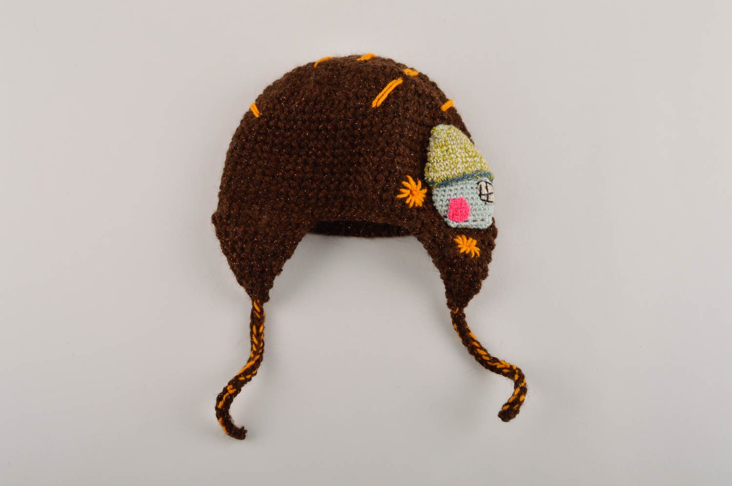 Вязаная шапка ручной работы шапка для мальчиков зимняя шапка коричневая фото 4