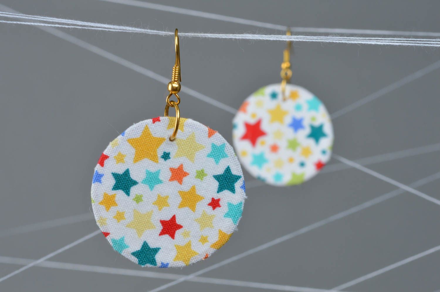 Handmade round earrings made of fabric with stars colored designer accessory photo 1