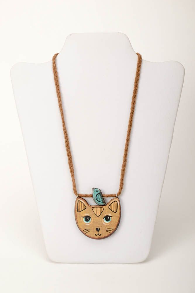 Pendentif bois fait main Bijoux ethniques Cadeau pour femme Pendentif chat photo 2