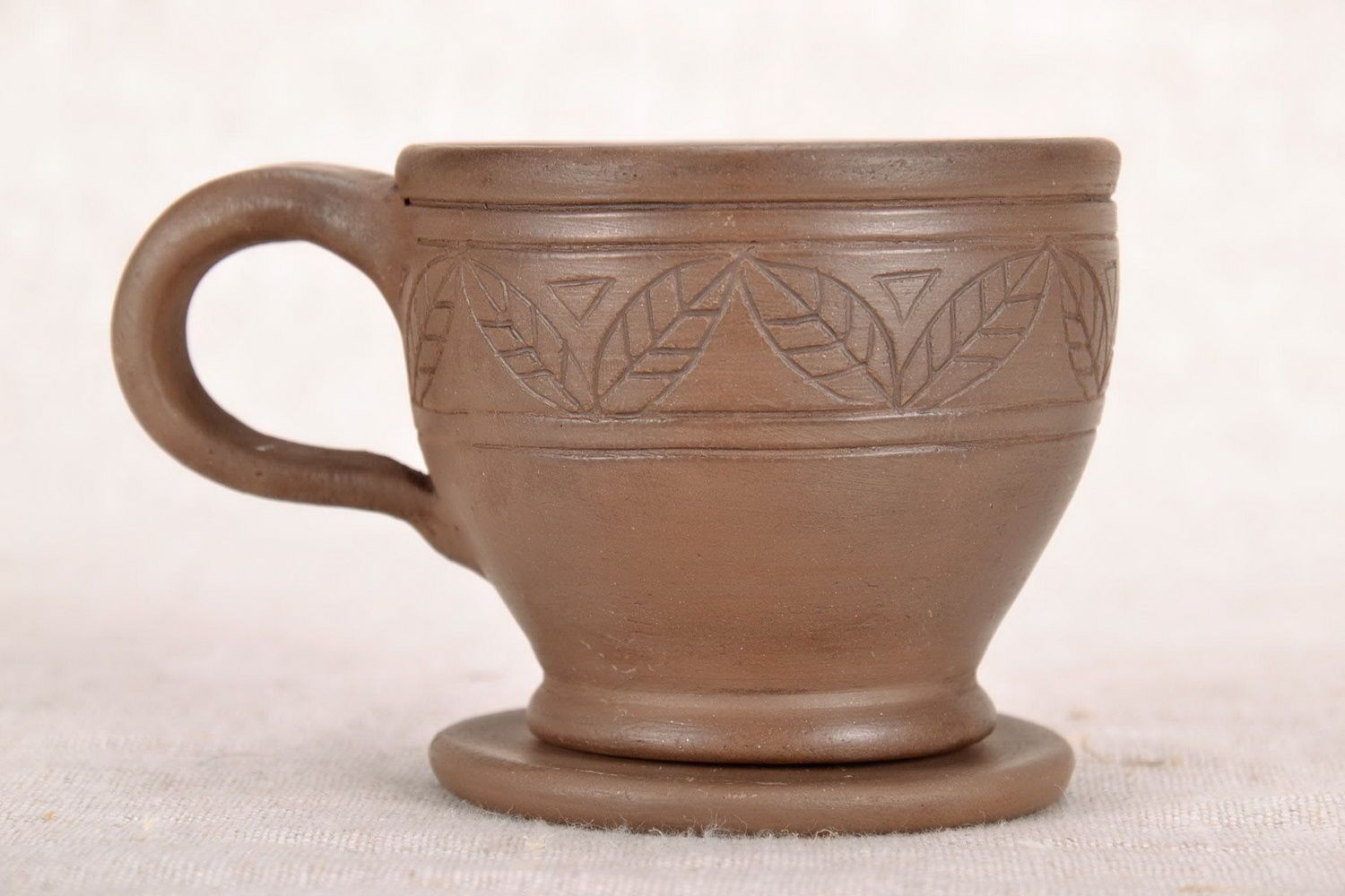 Brown clay glazed clay cup for coffee with handle and Greek pattern photo 2