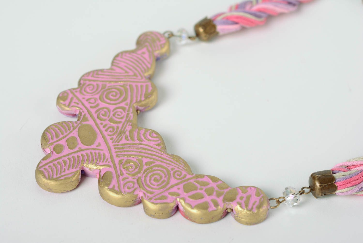 Handmade beautiful massive pink necklace made of polymer clay pink for beautiful girl photo 4
