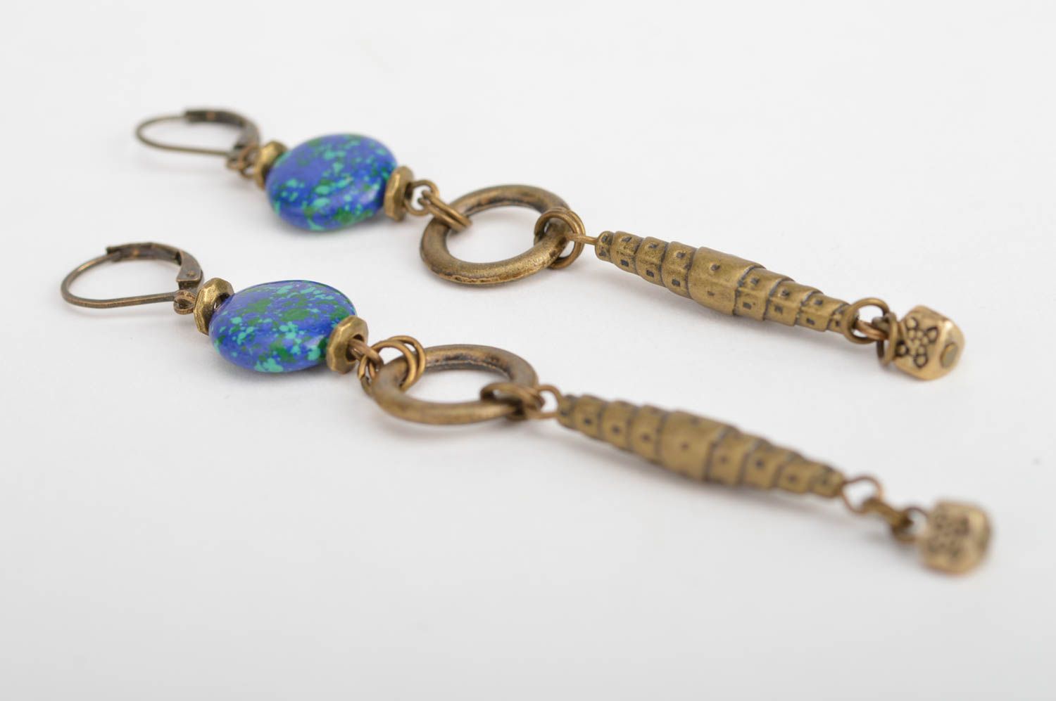 Handmade long dangle metal earrings with blue beads designer accessory for women photo 2