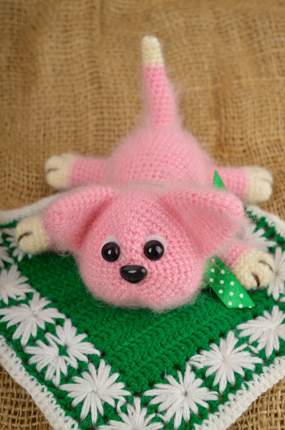 Jouet tricoté Peluche faite main chat rose Cadeau pour enfant original photo 1