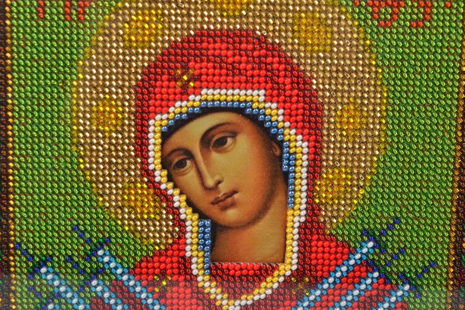 Handmade icon of the Mother of God of Ostrobram embroidered with beads in frame photo 3
