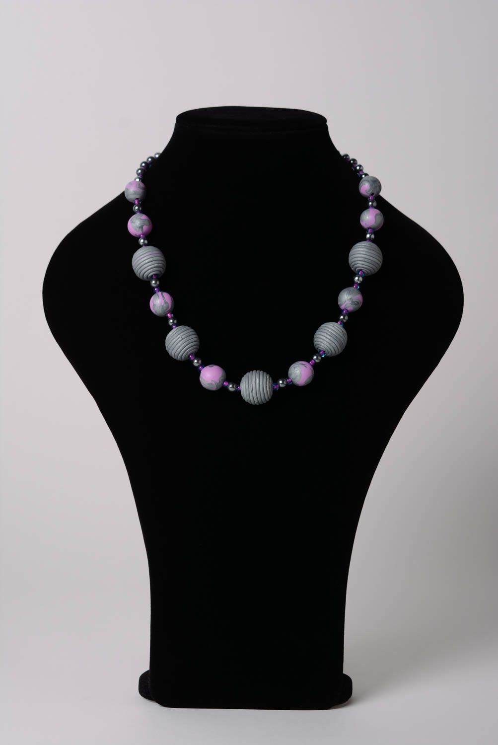 Handmade laconic gray and lilac polymer clay bead necklace with seed beads  photo 2