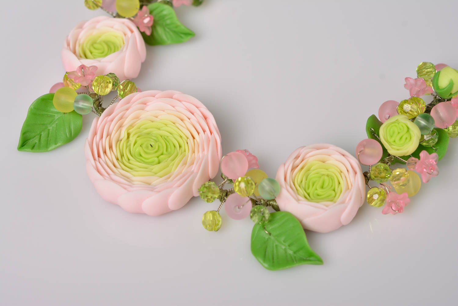 Handmade designer necklace with light pink polymer clay flowers Ranunculus photo 4