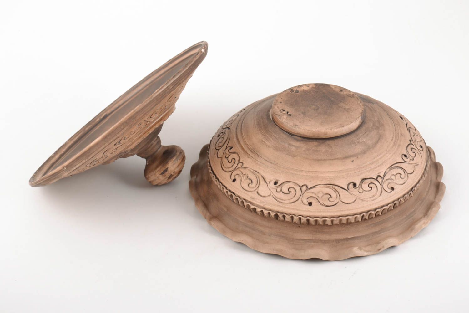 Глиняная миска с крышкой глубокая коричневая 1 литр красивая ручной работы фото 5