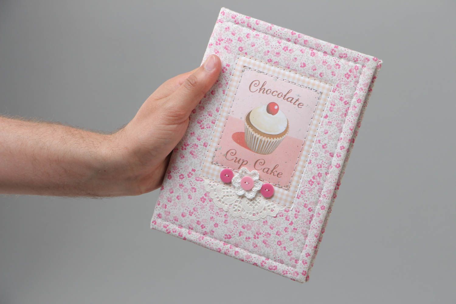 Carnet couverture en tissu de coton fait main rose avec gâteau pour fille photo 5