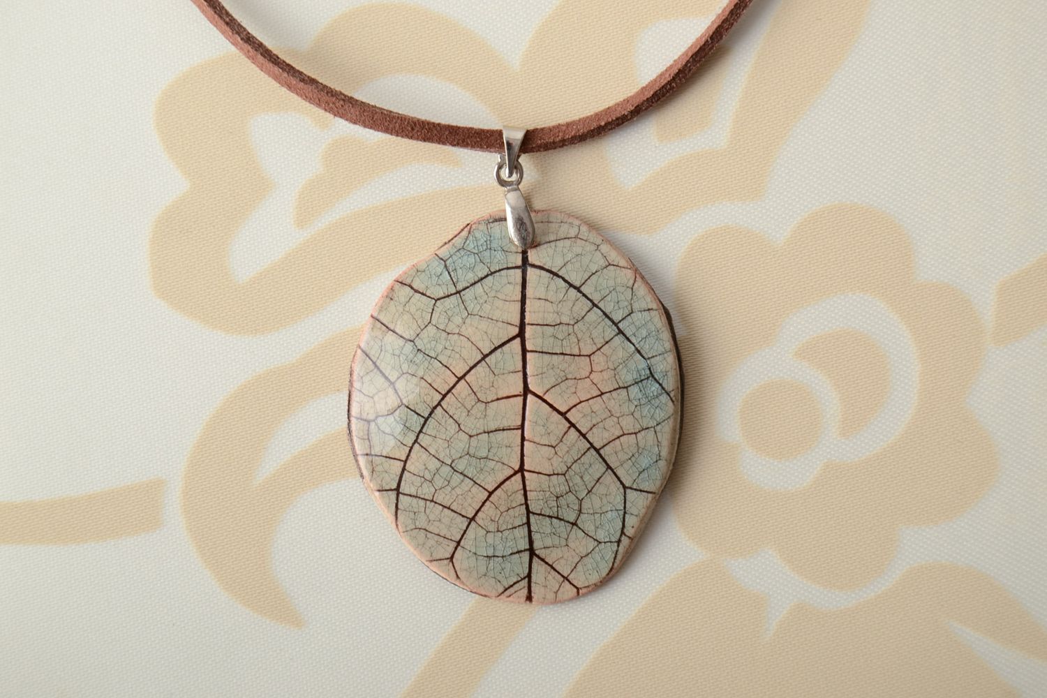 Handmade clay pendant painted with enamels Leaf photo 1