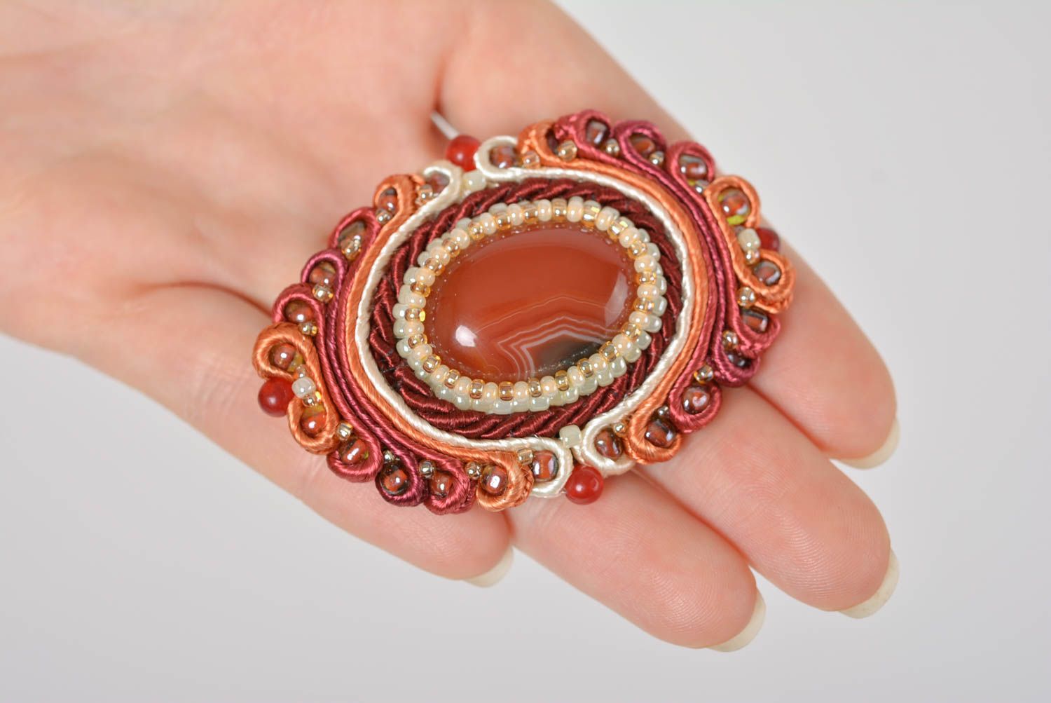 Handmade stylish brooch soutache brooch evening accessories with natural stones photo 3