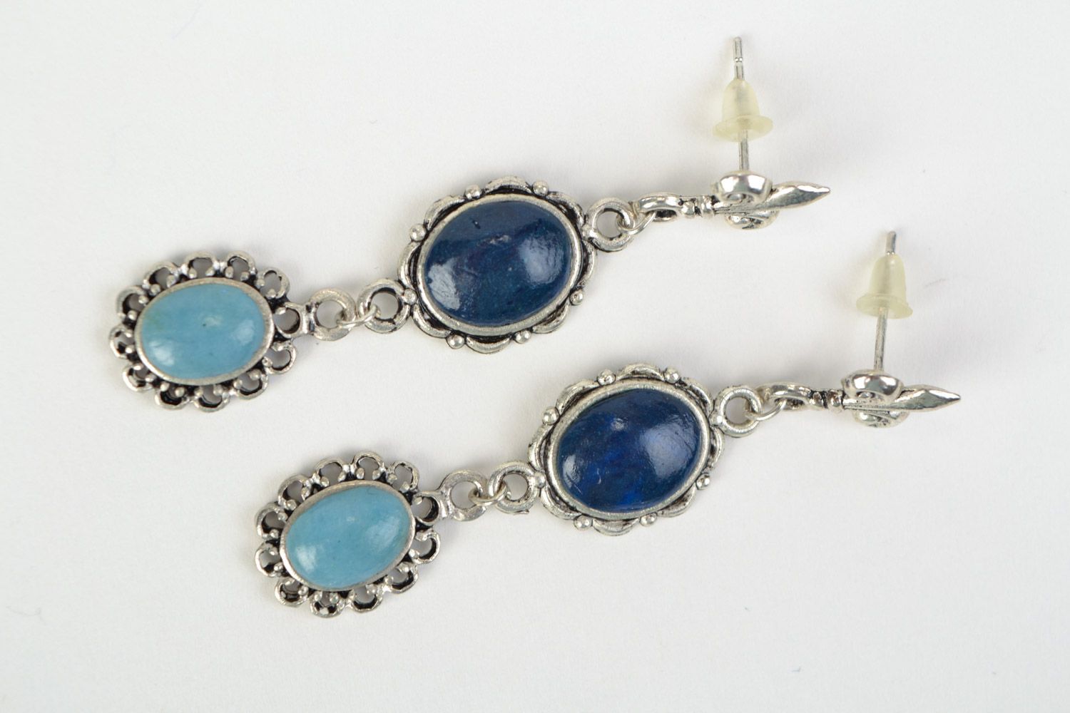Handmade vintage polymer clay dangling earrings with metal basis in blue colors photo 1