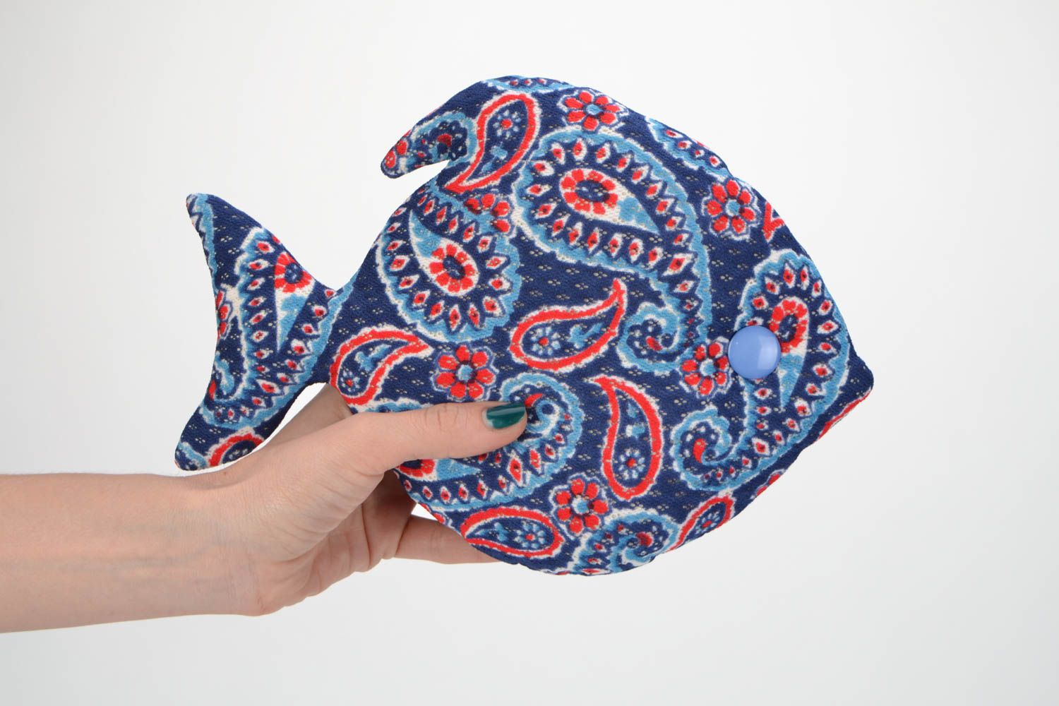 Handmade soft pillow toy sewn of dark blue fabric with Orient pattern Fish photo 2