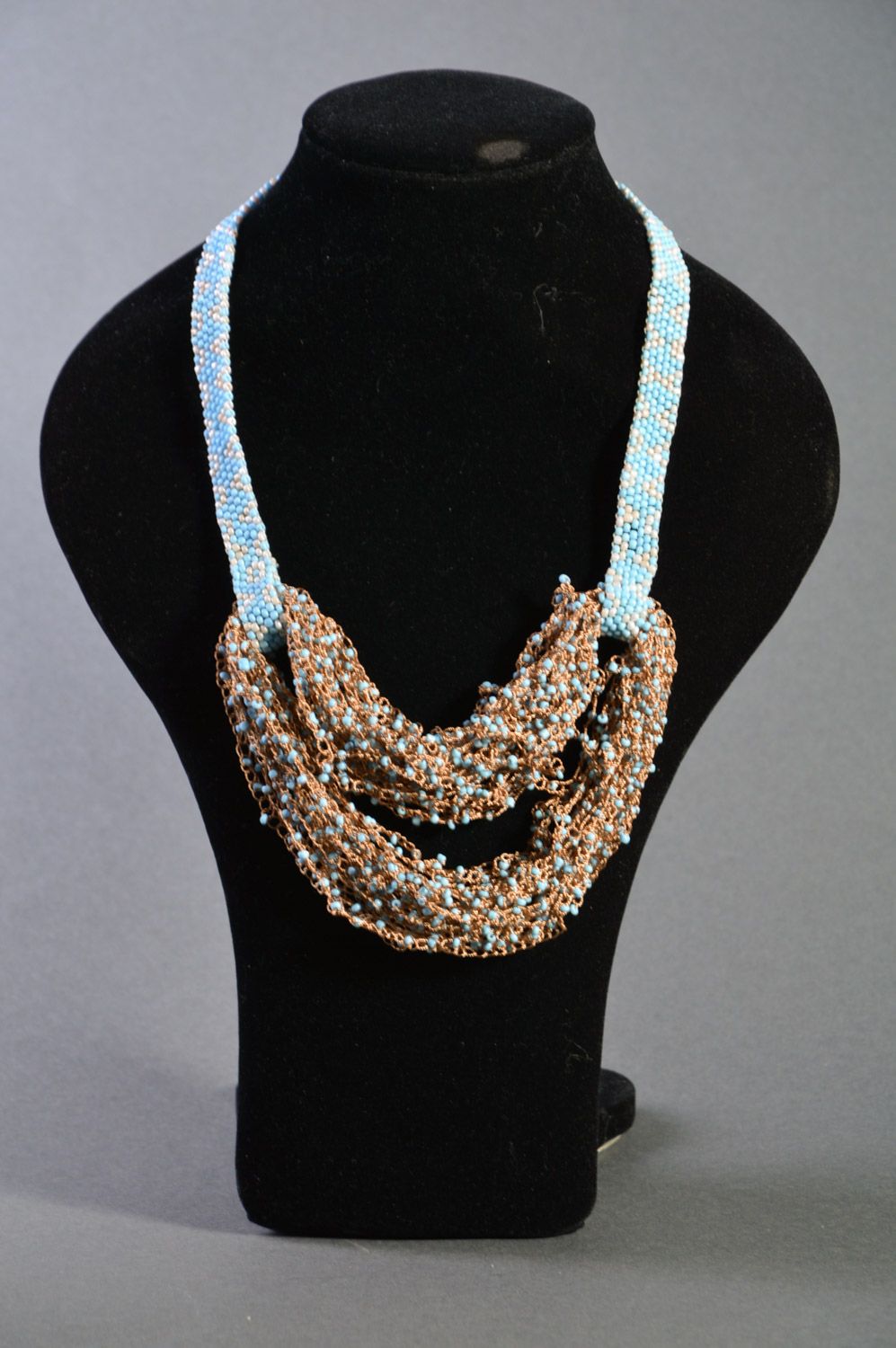 Handmade airy volume necklace woven of blue and brown beads and fishing line photo 3