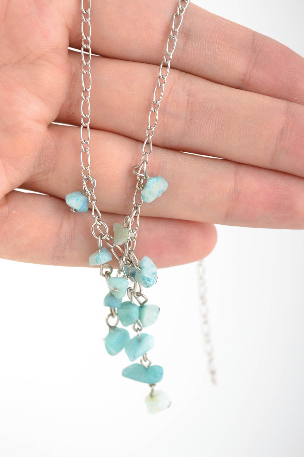 Handmade tender necklace with amazonite stones of turquoise color on metal chain photo 5