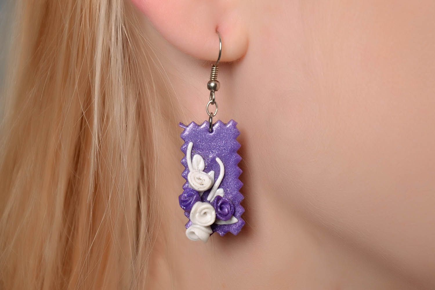 Purple earrings made of polymer clay photo 3