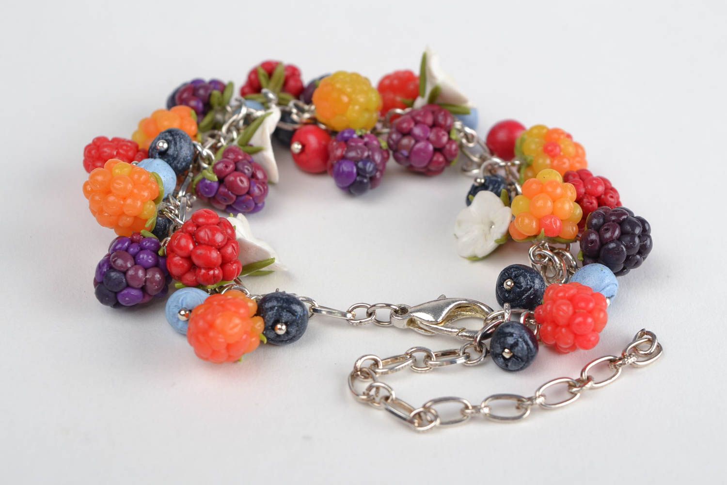 Handmade chain wrist bracelet with polymer clay colorful berries and flowers photo 5