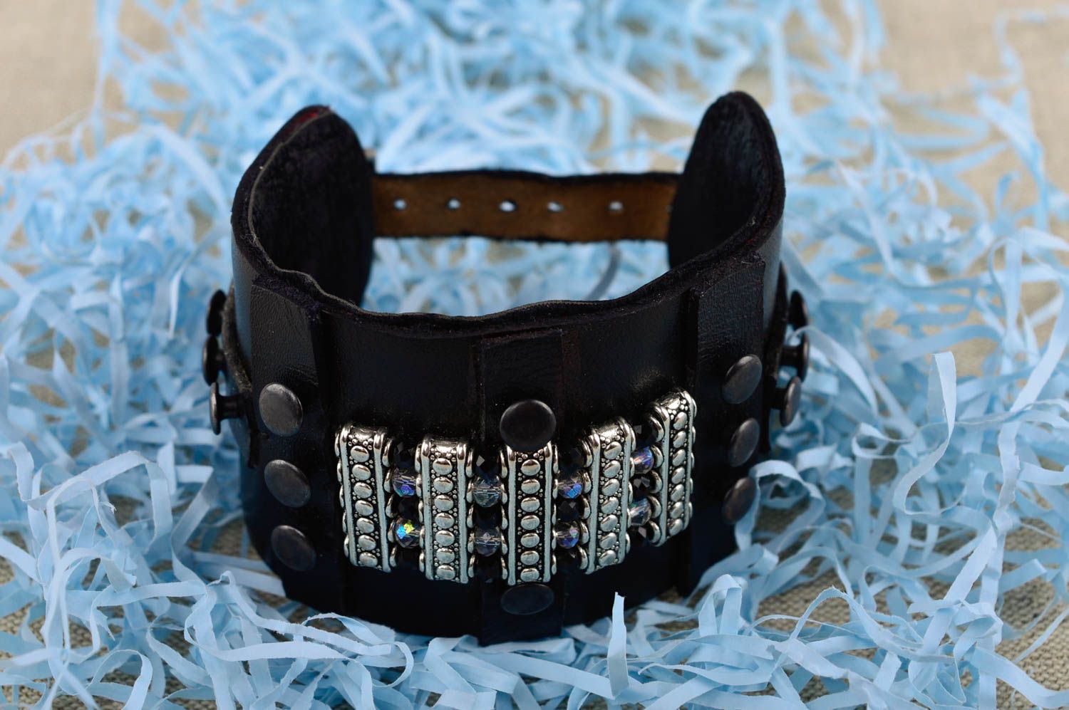 Bracelet noir Bijou fait main cuir cristaux design tendance Cadeau femme photo 1